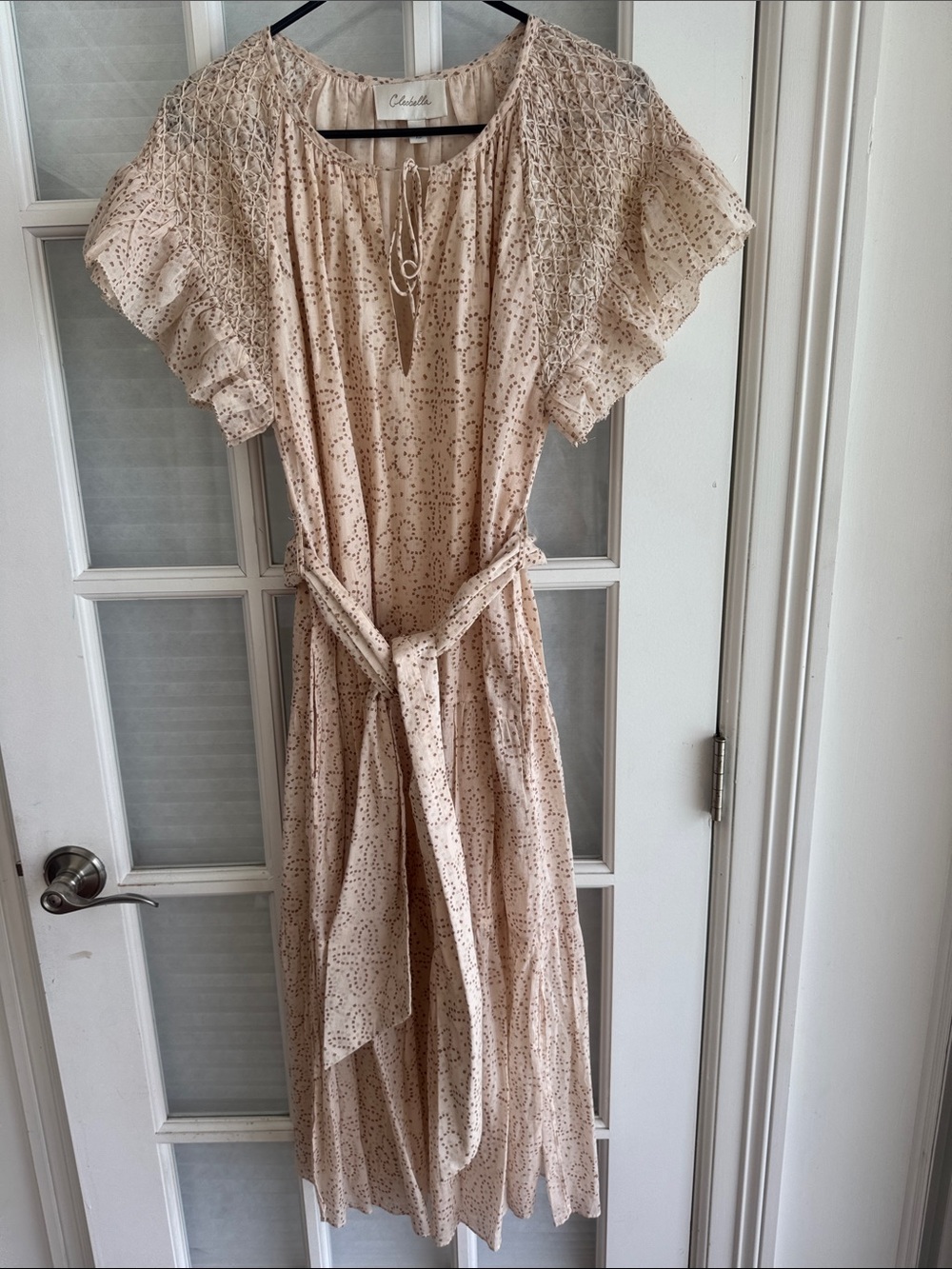 Cleobella Beige Brown Cream Eyelet Tie-Waist Midi Dress Pockets Side Slits XS